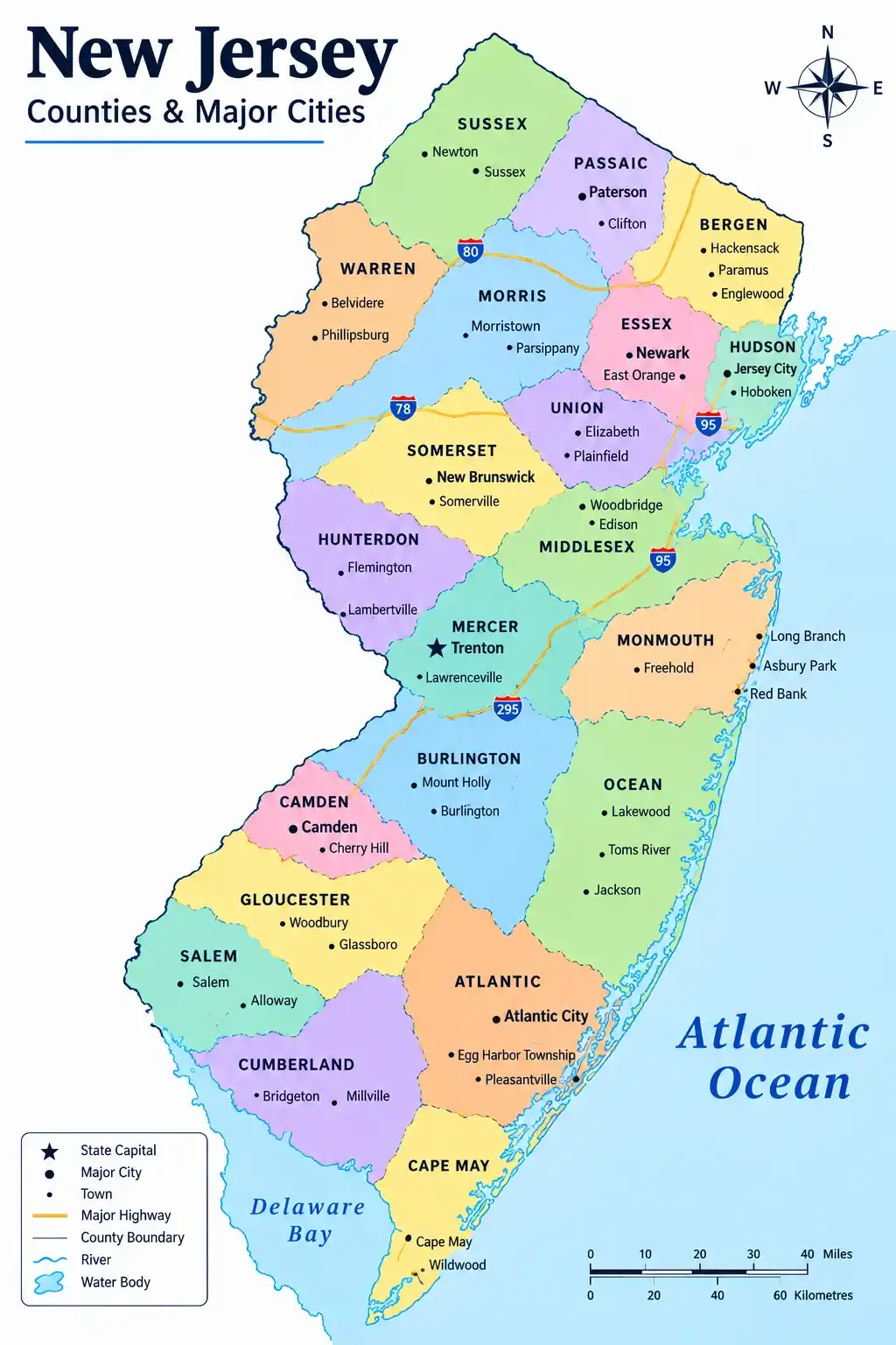 Map of New Jersey highlighting medical billing service areas including Newark, Jersey City, Paterson, Elizabeth, and Trenton for eBillingWorks